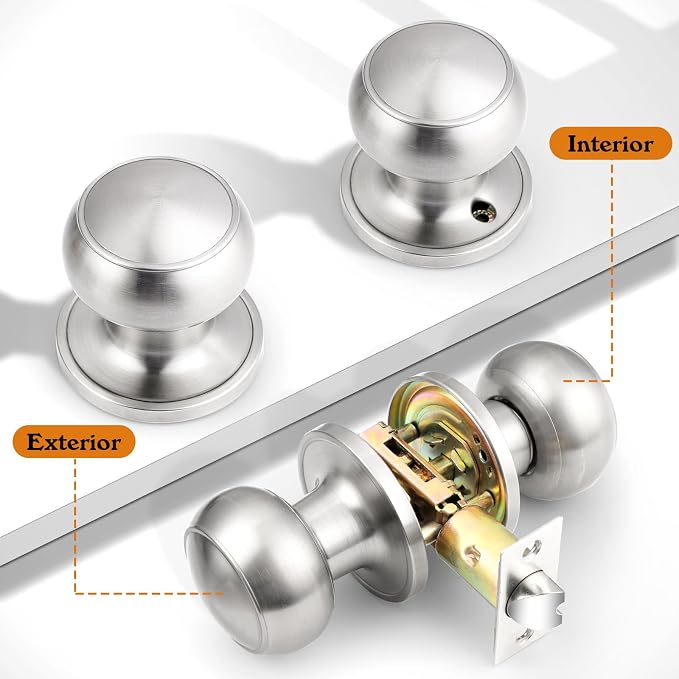 Probrico Brushed Nickel Passage Door Knobs, Flat Ball Interior Handles for Hall and Closet, Keyless Door Handles 3 Pack