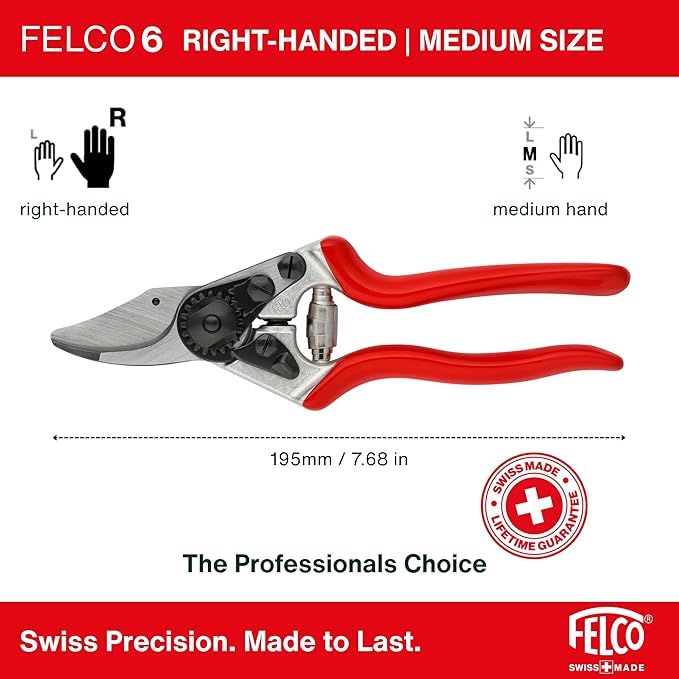 Felco F6 Pruning Shears – 7.7" Swiss-Made Garden Clippers for Medium Hands | Hand Pruners for Gardening | Garden Tool Cutter with Precision Bypass Blade, Forged Aluminum Handles, Replaceable Parts