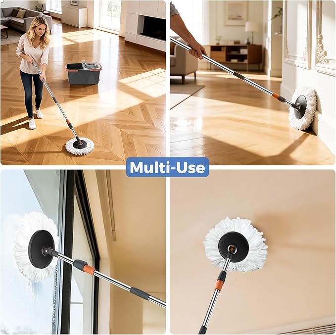 YASHE Foldable Spin Mop and Bucket System, Dual-Bucket Cleaning & Stainless Steel Wringing, Collapsible Storage with Detergent Bottle, 2 Reusable Microfiber Mop Heads for Floor Cleaning