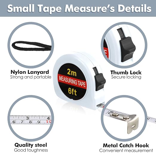 Copkim 50 Pcs Small Tape Measure Bulk 6 Ft 2M Mini Measuring Retractable Metric Tape Measure and Inch, Portable Easy to Read Measurement for Adults Prizes Construction Tool Party Favors (White)