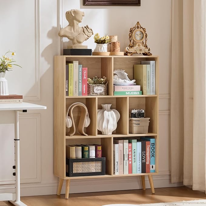 LEYAOYAO Cube Bookshelf, Mid-Century Modern Book Shelf with Legs,Light Wood | 3 Tier Bookcase, Rustic Wood Bookshelves Freestanding Small Storage Organizer, Open Shelves for Bedroom, Living Room, Office