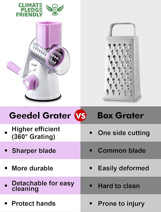 Geedel Rotary Cheese Grater, Kitchen Mandoline Vegetable Slicer with 3 Interchangeable Blades, Easy to Clean Rotary Grater Slicer for Cheese, Vegetables, Nuts