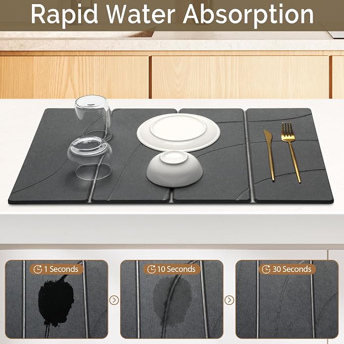 Large Stone Dish Drying Mat for Kitchen Counter, 2 PCS Quick Dry Stone Mats, Foldable Water Absorbing Diatomaceous Earth Drying Dishes Pad for Countertop Bottle Utensil Cup(Carved Gray 24"x16"&8"x4")