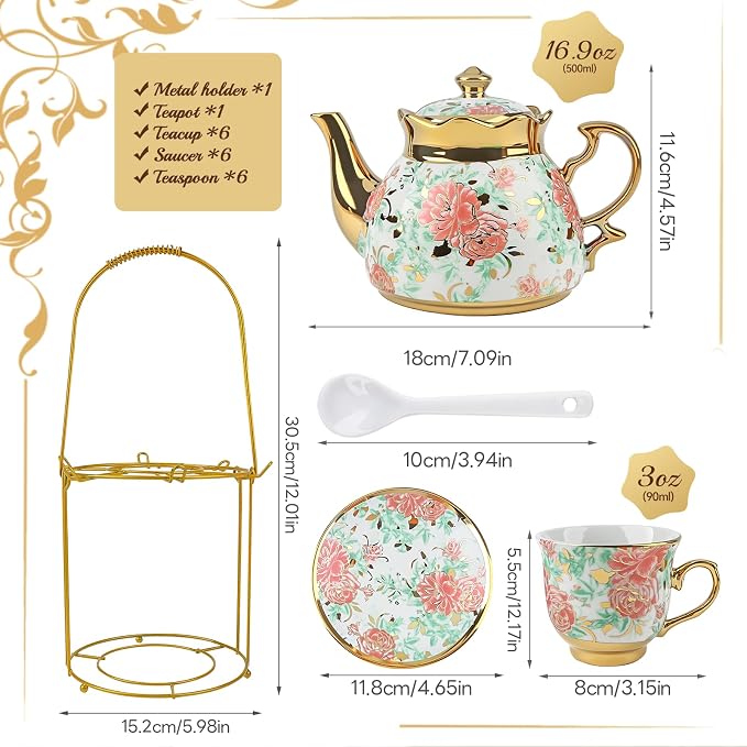 20 Piece Porcelain Tea Set with Metal Holder European Floral Pattern Tea Pot Tea Cup Tea Saucer Teaspoon for Women Adult Tea Party Large Version