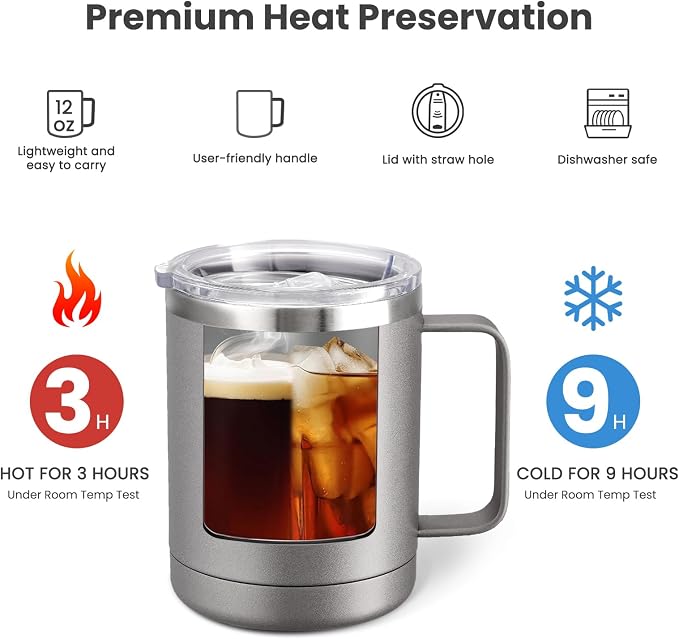 MEWAY 12oz Coffee Mug With Handle 2 Pack Bulk,Stainless Steel Insulated Travel Tumblers With Sliding Lid,Double Wall Vacuum Camping Cup for Hot & Cold Drinks Tea (Cold Grey,Set of 2)
