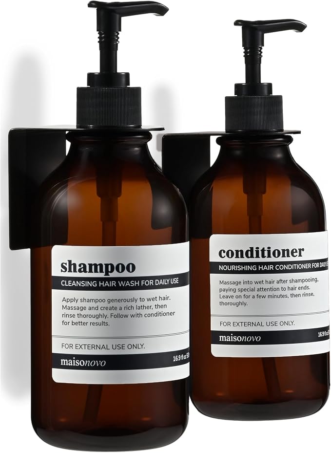 Shampoo and Conditioner Dispenser Wall Mounted Set of 2 Amber Black - No Drill Shower Soap Dispenser for Bathroom Refillable - Spa Hotel Style Accessories by MaisoNovo | 500 ml Shower Gel Dispenser Set of 2. Refillable Shampoo and Conditioner Bottles. ...