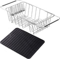 NiuYichee Stainless Steel Dish Drying Rack(14.2" L x 9.5" W x 4.1" H), Expandable Fruit & Vegetable Drain Rack Over Sink, Dish Drainer Rack in Sink, with Utensil Holder & 16" Silicone Mat