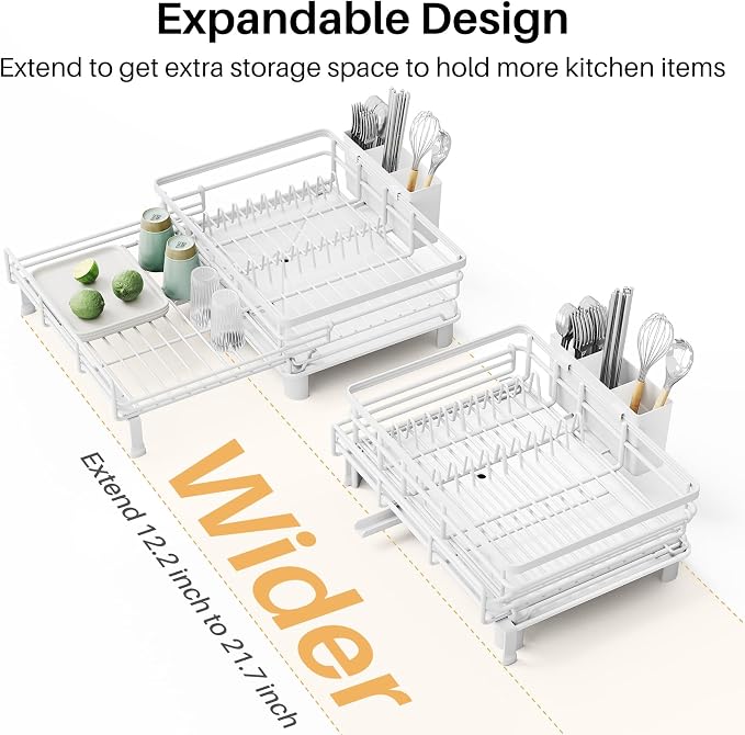 Expandable Dish Drying Rack for Kitchen Counter, Stainless Steel, White | Foldable Over Sink, Large Capacity, Adjust to Fit Most Sinks, Angled Drainboard, Removable Utensil Holder, Slip Resistant