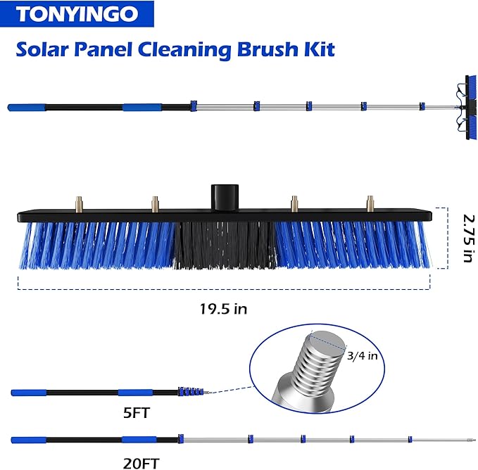 5-20FT Solar Panel Cleaning Brush Kit - Telescopic Pole with Dual Action Flip-Lock & Screw Fixing, Water Flow & Soap Dispenser, Ideal for Snow Removal, Windows, Boats, RVs, Decks