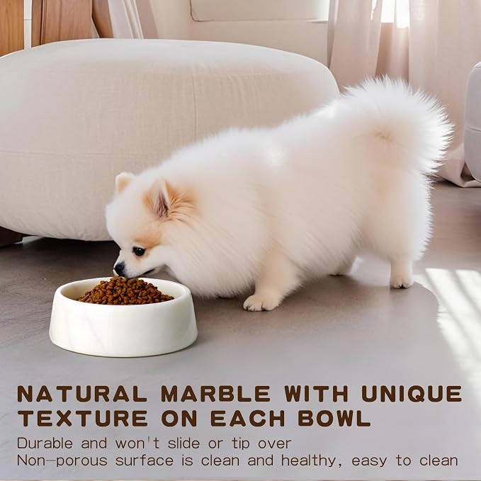 SAMAH White Marble Dog Bowl, Non-Slip Dog Food Water Bowl, Small Weighted Stone Dish, Natural Marble Heavy Pet Bowl, Easy to Clean, Gifts for Cat Lovers, Perfect Cat Dog Gifts, Holds 4 Cups(5 lbs)