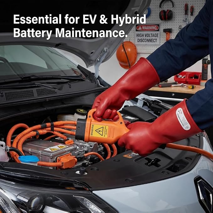 Class 00 Insulated Electrical Gloves - 2.5KV Tested for Max 500V AC Use - Low Voltage Safety Gloves for EV Hybrid Car Repair, HVAC & Electrician Work - Red Natural Latex (Universal Fit)