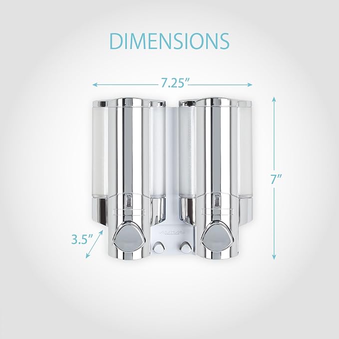 Better Living Products 76245-1 AVIVA Two Chamber Dispenser, Chrome | 2 Chamber, Builet-in Hooks, Flat Wall Installation, No Drill, Shower Soap Pump Dispenser