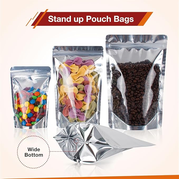 BELLE KR® Pint 5x8 Mylar Bags for Food Storage - Pack Of 200-7.5mil Thickness - Stand Up Clear Mylar Bags with See Through Window - Resealable