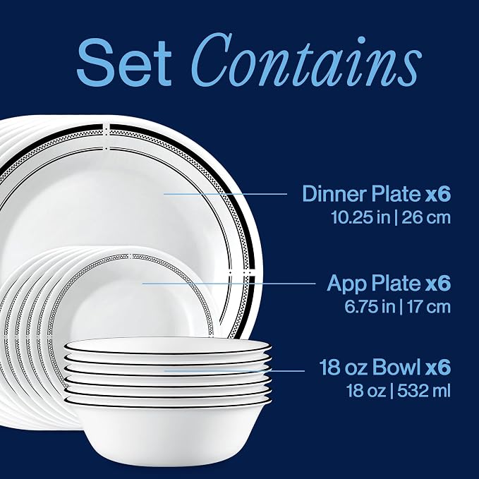Corelle 18-Piece Round Dinnerware Set Service for 6, Lightweight Round Plates and Bowls Set, Vitrelle Triple Layer Glass, Chip and Scratch Resistant, Microwave and Dishwasher Safe, Brasserie