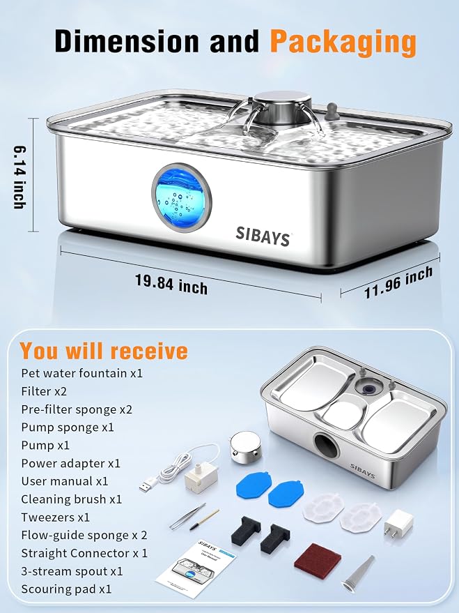 SIBAYS 4.5Gal/17L Dog Water Fountain, Large Capacity Stainless Steel Pet Water Fountain with Water Level LED Light, Ultra Quiet Dog Water Bowl Dispenser for Large Dogs & Multi-Pet, Easy to Clean FS83