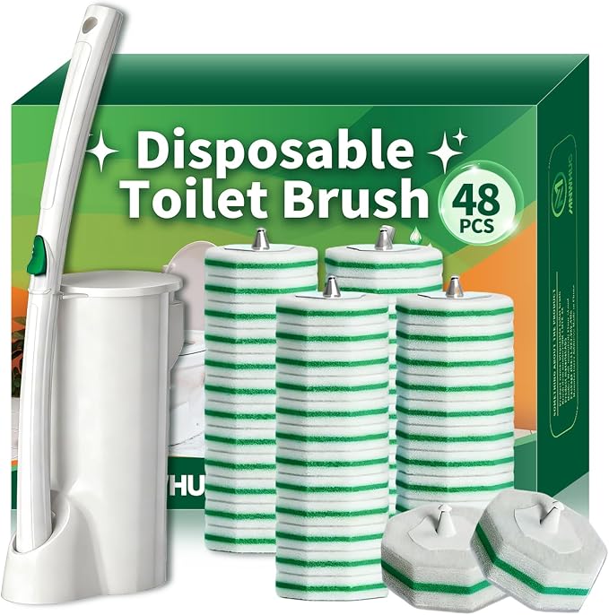 Disposable Toilet Brush, Toilet Bowl Cleaning System with 48 Count Wand Refill, Clean Brush Starter Kit with 1 Toilet Wand, 1 Storage Caddy and 1 wall Sticker (White)