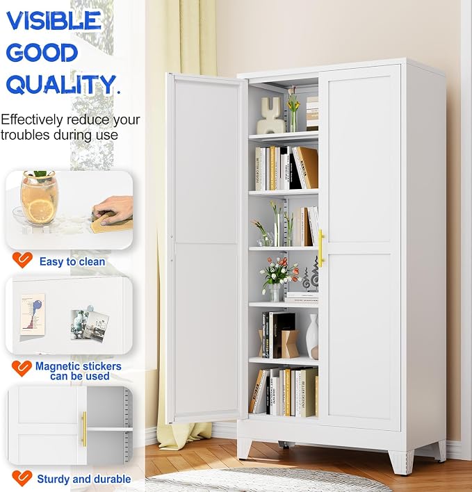 GAIOUS 75.2" Tall Metal Storage Cabinet, Kitchen Pantry Cabinet White | Food Storage, Kitchen Organizer, Freestanding Cupboard with 2 Doors and 5 Adjustable Shelves, 6 Tier, Steel,for Office Dining