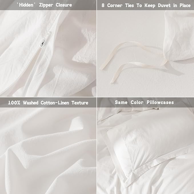 Linen Feel Duvet Cover Super King Plus Size 120inch x 120inch,100% Washed Cotton Duvet Cover with Zipper Closure and 2 Pillowcases, Color of Off White