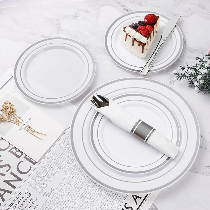 BESTVIP 525PCS Silver Plastic Dinnerware Set for 75 Guests, Disposable Plates for Party, Include: 150 Plastic Plates, 75 Pre Rolled Napkins with Silver Silverware, 75 Cups for Christmas