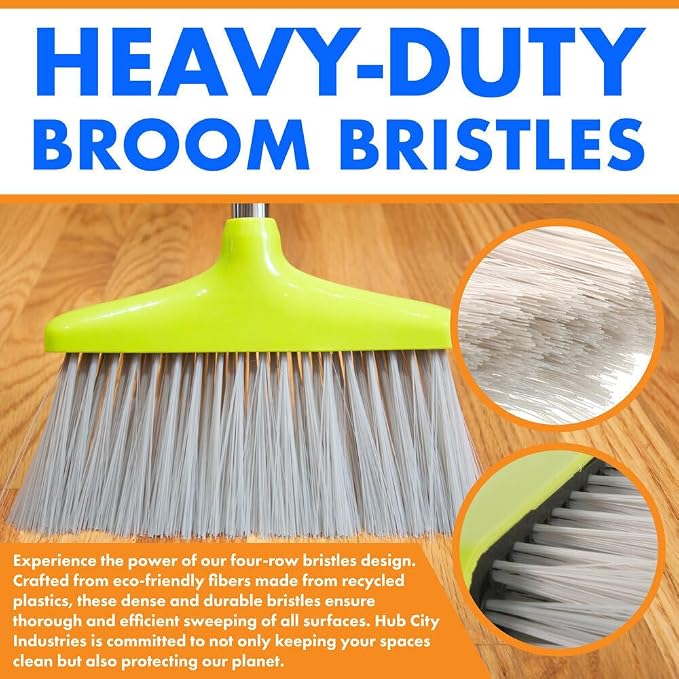 Hub City Industry Heavy Duty Broom and Dustpan Combo Set with Commercial Long Handle for Lobby, Home, Office, Cleaning Supplies, Upright Grips Sweep Set with Broom for Floor Cleaning, Green