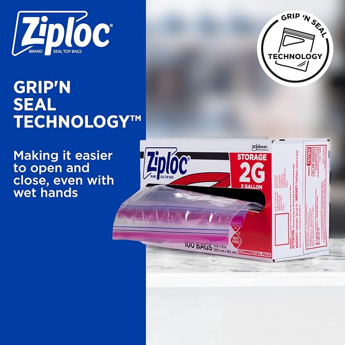 SC Johnson Professional Ziploc Brand Food Storage 2 Gallon Bags, Food Storage Ziploc Brand Bags, Commercial Pack, 100 Count Box, for Professional Use Only
