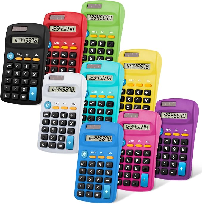 9 Pieces Solar Calculators Bulk - Mini Pocket Calculator for Students, Basic 8-Digit Dual Power (Solar & Battery), Colorful Classroom Supplies for Teachers, School Gifts for Students