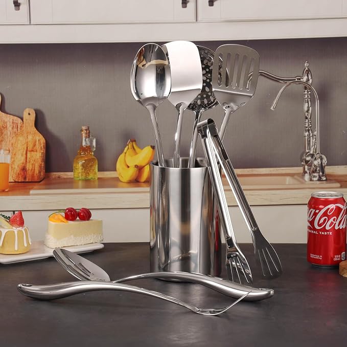 18/10 Stainless Steel Kitchen Utensils Set with Holder for Countertop | 15″ Spatula Spoon Set with Storage Organizer, 12-Pieces, Fork, Tongs, Spatula, Ladle, Skimmer, Turner, Spaghetti, Large Spoon