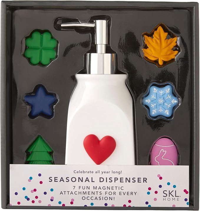 SKL Home Seasonal Soap/Lotion Dispenser Gift Set with 7 Interchangeable Magnetic Holiday Attachments, Refillable for Bathroom & Kitchen, Silver