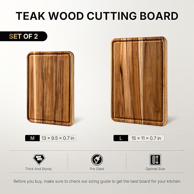 2 Pack Teak Wood Cutting Boards for Kitchen Wooden Chopping Board Non Slip | Charcuterie Board, Non Toxic, Over Sink, Teak Wood, Boards for Fruit&Cheese Prep, Space Saving, Best Kitchen Gift