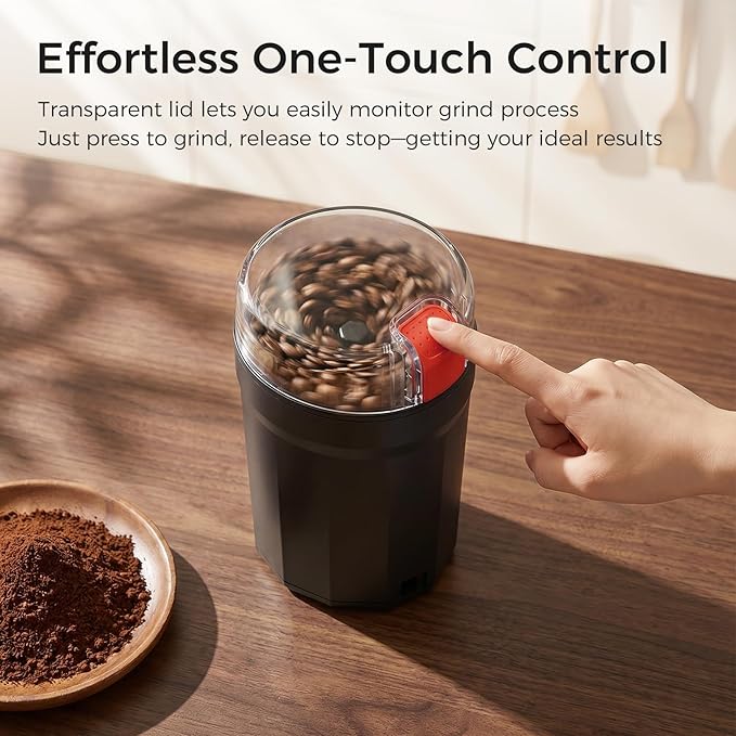 Electric Coffee Grinder, One Touch Coffee Mill with Stainless Steel Blades, Adjustable Coarse to Fine for Coffee Beans, Spice & Dry Grinding, 2-in-1 Cleaning Brush & Scoop, Safety Lid
