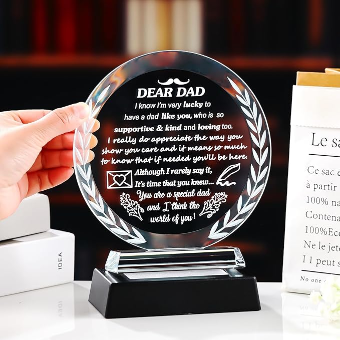 Arikyrist Fathers Day Dad Gifts from Daughter Son Crystal Dad Plaque with LED Light Base Presents for Dad's Birthday Christmas