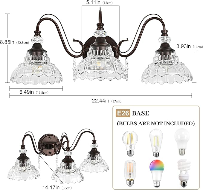 Vintage Bathroom Vanity Light, 3-Light Oil Rubbed Bronze Finish Wall Sconce with Hanging Crystal Accents and Flower-Shaped Clear Glass Shades, Retro Wall Mount Vanity Light Over Mirror for Bathroom