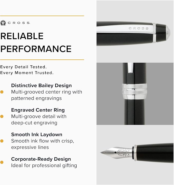 Cross Bailey Refillable Fountain Pen, Medium Nib Gift Set, Includes Fountain Pen, Ink Cartridges, Bottle Ink, Converter, Premium Gift Box - Black