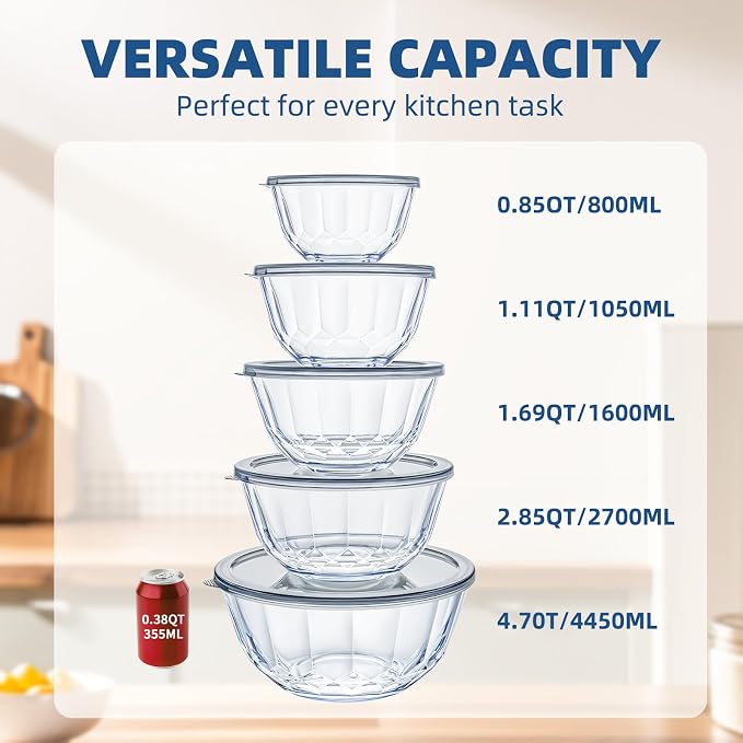Luvan 5-Piece Glass Mixing Bowls Set with Lids - Clear Salad Bowls with Lids Set, Diamond Pattern Large Glass Mixing Bowl for Baking Prep, Serving & Storage