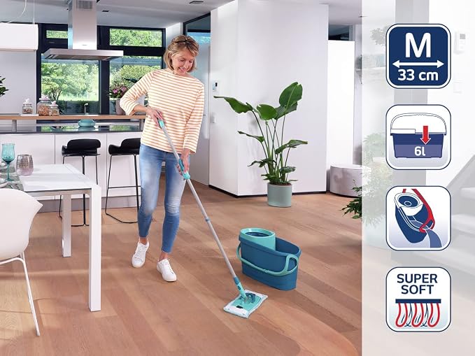 Leifheit Clean Twist Ergo 2.0 Flat Mop Set with Power Cleaner, Floor Mop with Microfibre Cover for Mist Cleaning on Laminate and Tiles, Mop with Spin Technology