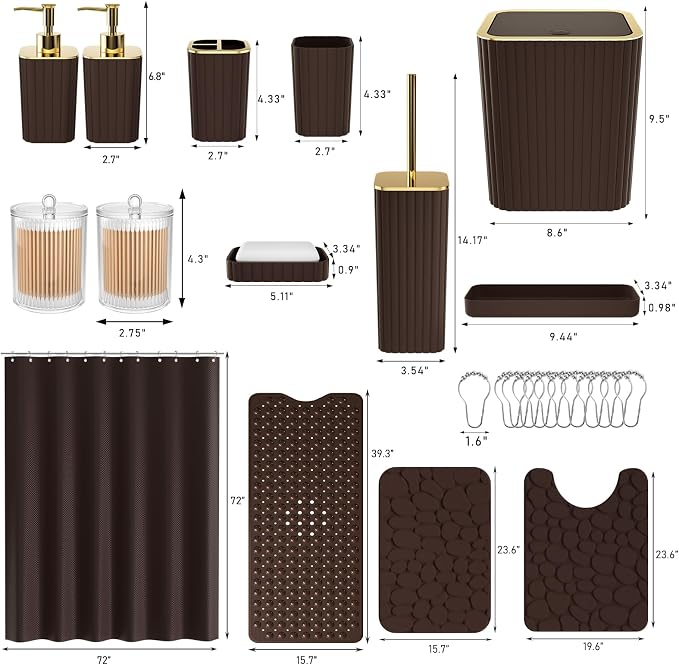 XLHOMO 26PC Bathroom Accessories Set - Gorgeous Brown Bathroom Set, Bathroom Accessory Set, Shower Curtain Set with Bathtub Mats for Shower Tub, Trash Can & Soap Dispenser
