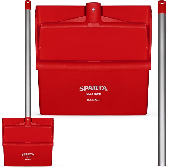 SPARTA Color Coded Upright Dustpan with 30 Inch Aluminum Handle, Serrated Edge and Locking Yoke, Standing Commercial Floor Dust Pan, Red