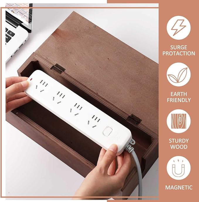 3 Pcs 3 Size Wooden Cable Box Organizer Set with 130 Pcs Cable Management Kit, Desk Cord Hider Cord Holder to Hide Wires Power Strips(Walnut Color)