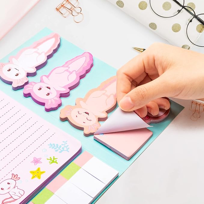Xqumoi I Just Really Like Axolotl Sticky Notes Set, 550 Sheets, Animal Mexican Walking Fish Shaped Self-Stick Notes Pads Divider Tabs Bundle Writing Memo Pad Page Marker Back to School Office Supplies