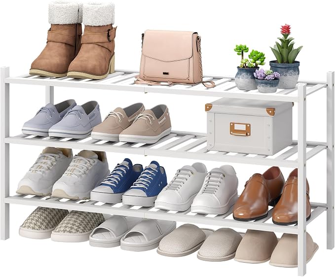 viewcare 3-Tier Long Shoe Rack, Bamboo Wood Shoe Rack for Closet, Entryway & Hallway, Stackable White Shoe Shelf Storage Organizer for Indoor Outdoor