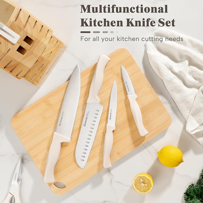 Knife Set, Astercook 22-Piece Kitchen Knife Set with Sharpener Block, High Carbon Stainless Steel Knives, Dishwasher Safe, Non-Slip Handle, Elegant Cream White Design, Perfect Holiday Gifts