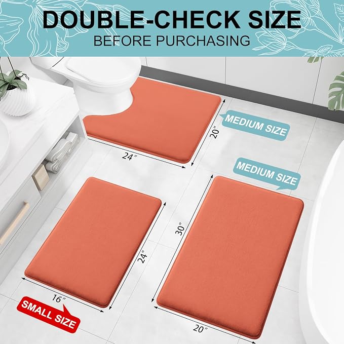 Smiry Memory Foam Bath Mat 30x20, Extra Soft and Absorbent Bathroom Mats, Non Slip Washable Carpet for Floor, Shower and Tub, Coral