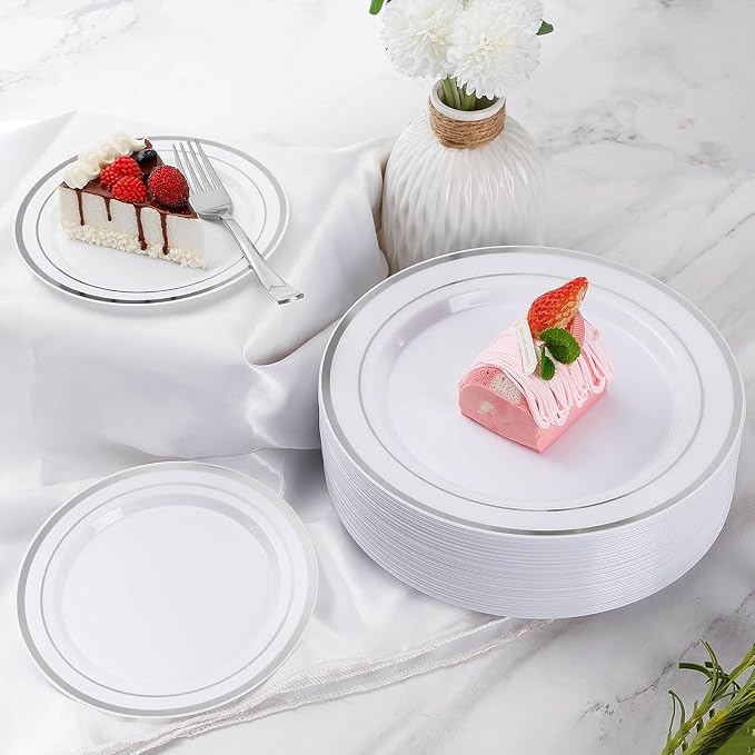 Goodluck 420Pieces silver Disposable Plates for 70 Guests, Plastic Plates for Party, Dinnerware Set of 70 Dinner and 70 Dessert Plates, 70 Spoons, 70 Forks, 70 Knives, 70 Cups