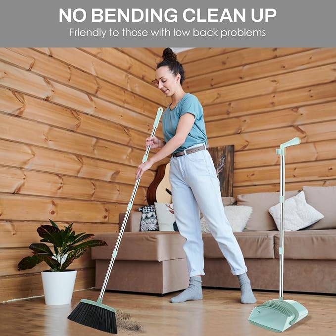Broom and Dustpan Set for Home, 51-in Long Adjustable Handle Angle Broom and Dustpan Combo Set with Dust Pan Teeth to Clean Hair for Home Kitchen Office Lobby Floor Garden, Green