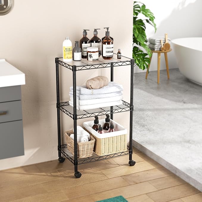 SINGAYE 3 Shelves Storage Shelf Wire Shelving Unit Metal Adjustable Wheels | Small Shelf Storage with Wheels Organizers Closet Unit for Bathroom Laundry Room Kitchen Pantry11.5D x 17.5W x 30.5H Black