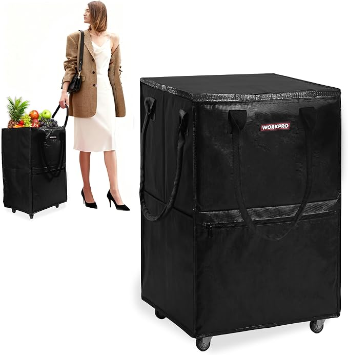 WORKPRO Medium Rolling Grocery Bag, 18-Gallon Shopping Tote with 4 Wheels | Reusable Grocery Bag on Wheels, Holds Up to 75 lbs, Heavy Duty Rolling Tote for Groceries, Laundry, Moving & Storage