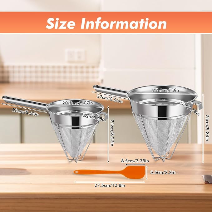 Nuogo 2 Set Stainless Steel Chinois Strainer Fine Mesh Metal Food Bouillon Sieve Strainer Cone Fine Mesh Strainer with Handle and Silicone Spatula for Sauce Jam Jelly Tea(10 Inch+8 Inch)