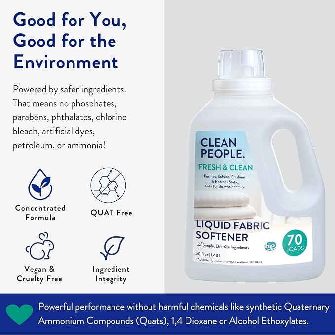 Clean People All Natural Liquid Fabric Softener - Plant-Based, Eco Friendly - Naturally Softens & Removes Static Cling - Vegan - Fresh Scented Laundry Softener - 100 fl oz - 140 loads