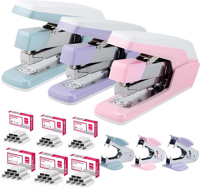 Deli Stapler, Effortless Staplers for Desk, 40-50 Sheet Capacity Heavy Duty, One Touch, No Effort, Easy to Load, with 1500 Staples & Staple Remover, 3 Pack, 3 Colors