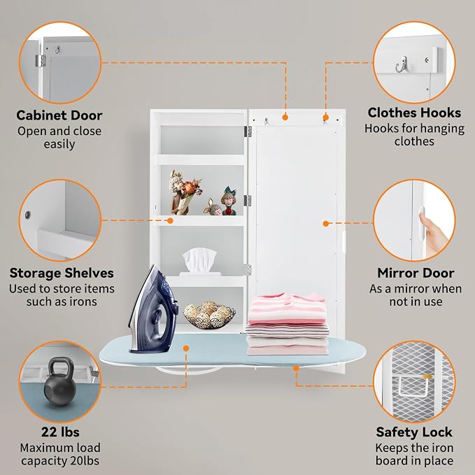 Wall Ironing Board Cabinet 180° Swivel with Mirror & Storage, Hooks, White | 180° swivel ironing board + full-length mirror + irons storage shelf + hooks. Holds 22 lbs. Folds to 8"D. For Home Apartment